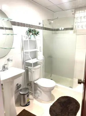 a bathroom with a toilet and a shower and a sink at Caribean Dreams Apartement Beautiful Pool and Gym in Santiago de los Caballeros