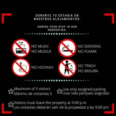 a bunch of signs that say no music and nomusic at Caribean Dreams Apartement Beautiful Pool and Gym in Santiago de los Caballeros