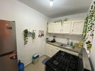 a kitchen with a sink and a stove top oven at Dr Adorable Y Comfortable Apt para Su Disfrute in Santiago de los Caballeros