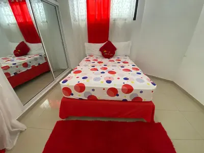 a bed in a room with a mirror and a red rug at Santiago Center Huge Apartment 2stay rooftop to enjoy the city view 6-3 in Santiago de los Caballeros