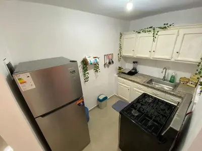a kitchen with a refrigerator and a sink at 8 Santiago Monumental Area Cozy and lovely to enjoy 3 bedrooms Apart transportation 24 hours in Santiago de los Caballeros