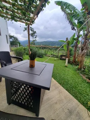 a table with a cactus sitting on top of a patio at Apartamento los 3B in Manabao