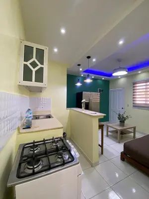 a kitchen with a stove top oven in a room at Apartamentos Melya cerca de la Playa Caleta in La Romana