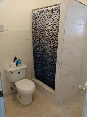a bathroom with a toilet and a shower at Apart cercano al muelle y al malecón de Samana in Santa Bárbara de Samaná