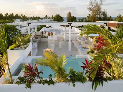 an aerial view of a resort with a pool and plants at New Beachfront Penthouse Punta Popy in Las Terrenas
