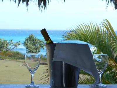 a bucket with a bottle of wine and two wine glasses at Hotel El Quemaito - Luxury Oceanfront Retreat in Santa Cruz de Barahona