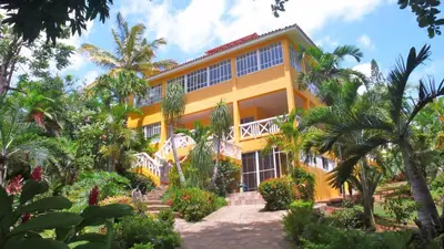 a yellow building with palm trees in front of it at Costambar Tropical Garden in San Felipe de Puerto Plata