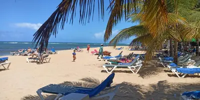 a beach with chairs and palm trees and people on it at Paradise Apartment with senic pool in beach area in El Callejón
