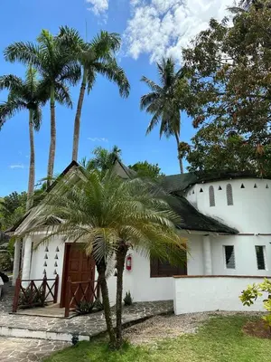 a white house with palm trees in front of it at Hotel Casa Coson in Las Terrenas