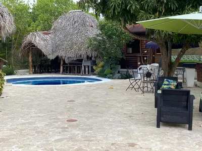 a pool with a straw umbrella and a table and chairs at VILLA LOMAS LINDAS in La Montosa