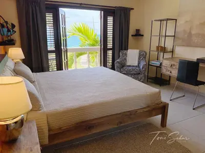 a bedroom with a bed and a view of the ocean at CABARETE BEACH HOUSES the NANNY ESTATES in Cabarete