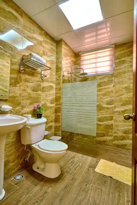 a bathroom with a toilet and a sink and a shower at Hotel Libertad at historic main street in Santo Domingo