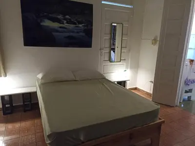 a bed in a room with a painting on the wall at La casa de Isabel y Juan, Zona Colonial in Santo Domingo