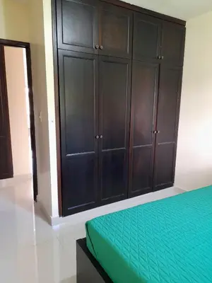 a bedroom with black cabinets and a green bed at Apartamento Esme in Santo Domingo