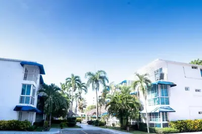 a city street with palm trees and buildings at Acceso Exclusivo A Club De Playa Totalmente Gratis, Areas Sociales Con BBQ, Piscina, Jacuzzi, Gazebos, Baños, Ducha Exterior, Wifi, Netflix Y Al Lado De Minimarkets, Restaurantes, Bares, Tiendas, Campos De Golf, Hoteles, Bancos Comerciales, Etc in Guayacanes