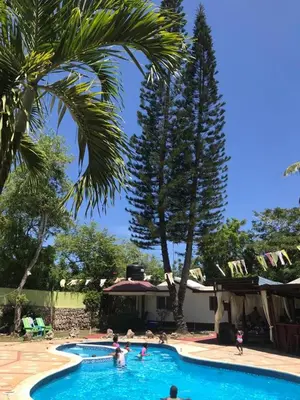 a group of people in a swimming pool with palm trees at Hacienda de Flores in Guayacanes