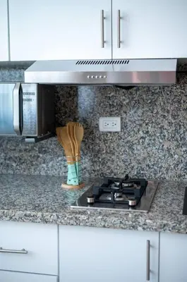 a kitchen counter with a stove and a microwave at Suite 10 en la Zona Colonial in Santo Domingo