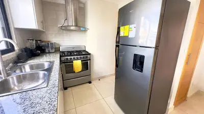 a kitchen with a stainless steel refrigerator and a sink at Bello apartamento en Evaristo Morales, 1 BR in Santo Domingo