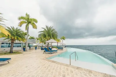 a swimming pool next to the ocean with palm trees at Magnificent Villa at Puerto Bahia in Sabana