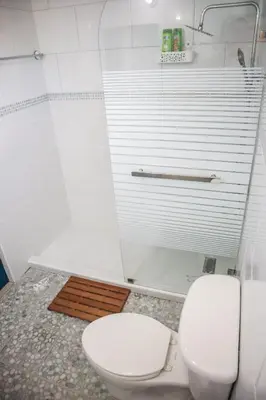 a bathroom with a toilet and a shower at Salt Air & City Vibe Awaits! Just Minutes to Beach in San Felipe de Puerto Plata