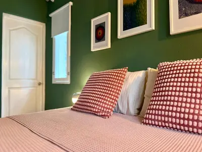 a bed with two red pillows in a green bedroom at PETRAKl HOMES in Las Galeras