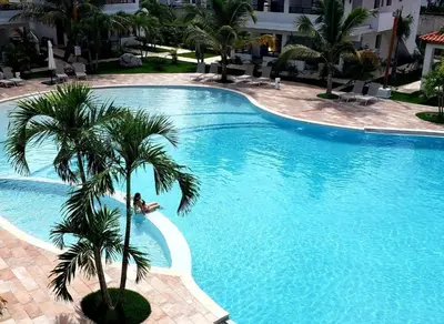 a large swimming pool with a palm tree next to a building at Paraiso Bayahibe by Mireya in Bayahibe
