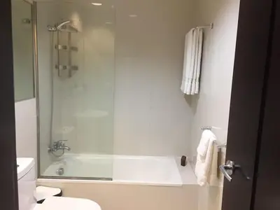 a bathroom with a shower and a toilet and a sink at Lincoln Suite Pool - Gym - Sauna in Santo Domingo