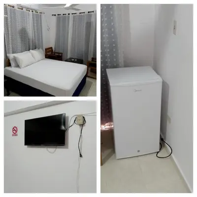 two pictures of a bedroom with a bed and a tv at Hotel Ningo in Santa Bárbara de Samaná