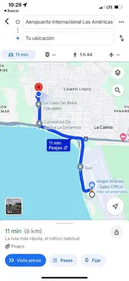 a screenshot of a google map with a marker at Apartamento Amueblado Caribe, Santo Domingo a 10 minutos del Aeropuerto Internacional de las Americas in Santo Domingo