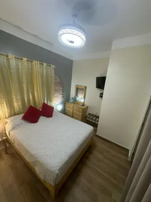 a bedroom with a bed with two red pillows at El Conde De Atrini in Santo Domingo