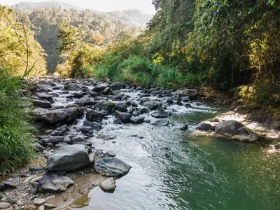 a river in the middle of a mountain with rocks at Sunflower village villa girasoles in Jarabacoa