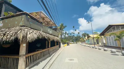 a building with a straw roof on a street at Don Cesar Beachfront Apartments in Las Terrenas