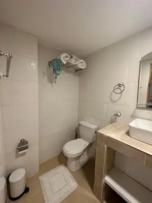 a white bathroom with a toilet and a sink at Noe Hotel Punta Cana in Punta Cana