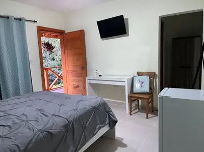 a bedroom with a bed and a desk and a television at Villa Zarina - Polo Barahona in Polo