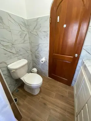 a bathroom with a toilet and a wooden cabinet at Esmeralda67 Tamarindo in Bayahibe
