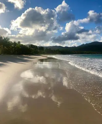 a beach with a reflection of the clouds in the water at Oasis en la naturaleza Rancho alto bonito in Las Galeras