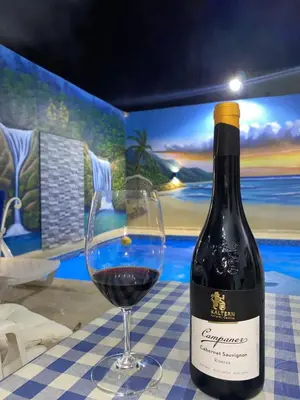 a bottle of wine sitting next to a glass of wine at RG Sol 1 in Pantoja