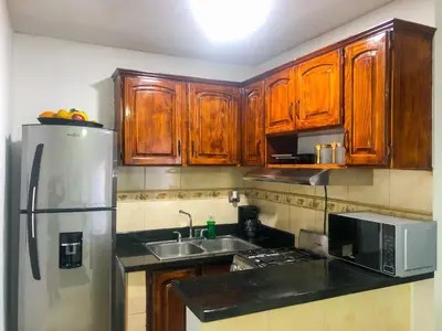 a kitchen with wooden cabinets and a stainless steel refrigerator at Ocean View Apart. In Down town in San Felipe de Puerto Plata