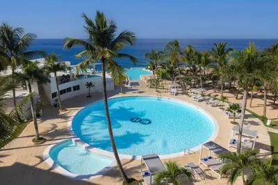 an overhead view of a swimming pool with palm trees and the ocean at Hotel HM Alma de Bayahibe - Adults Only - All Inclusive in Bayahibe