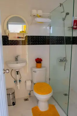 a bathroom with a toilet and a glass shower at Royal Terrace IV (King) in San Felipe de Puerto Plata