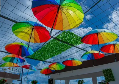 a group of colorful umbrellas hanging from a ceiling at Royal Terrace I (Queen ) in San Felipe de Puerto Plata
